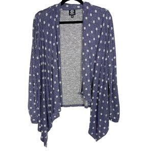 Bobeau LP Polka Dot Waterfall Drape Cardigan Sweater Blue White Brushed Fabric